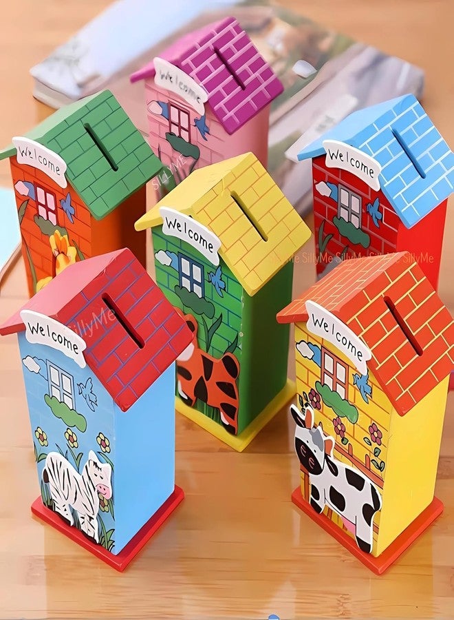 ArtRIght 10 pc Wooden Piggy Banks - Return Gifts Birthday Party for Kids, Coin Saving Colourful Animal Hut Shaped Coin Banks - Return Gift for Kids Birthday Age 6-10 6-12 (Pack of 10) - Image 4